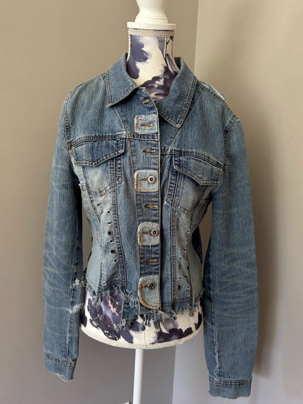 Y2K Shaqiru Distressed Blue Upcycled Denim Jacket With Reconstructed Details
